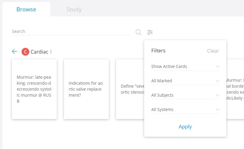 UWorld Flashcard Feature - Browse search filters