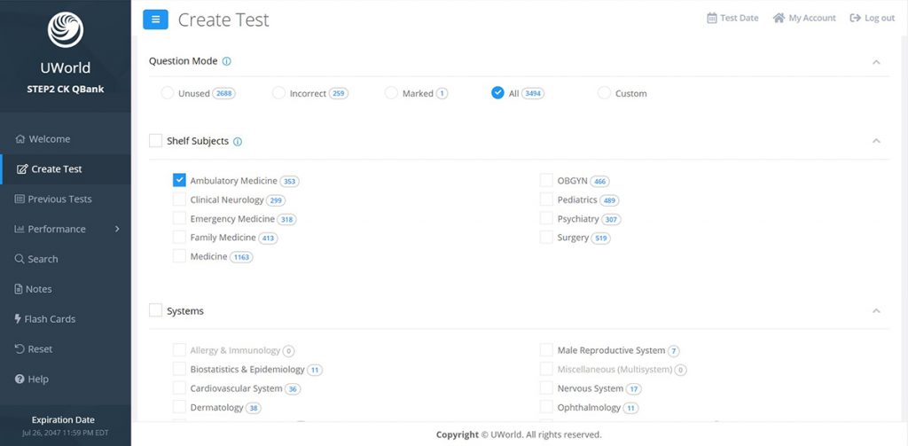 UWorld Step 2 QBank - Create Test by Subjects