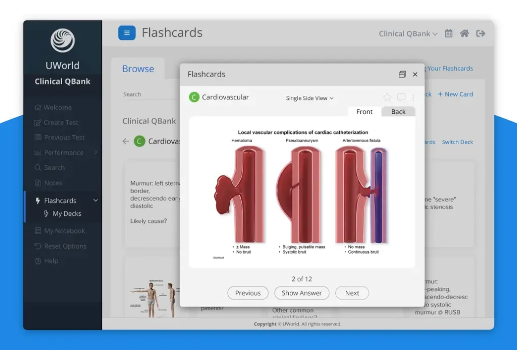 UWorld Clinical QBank flashcards feature with spaced-repetition technology