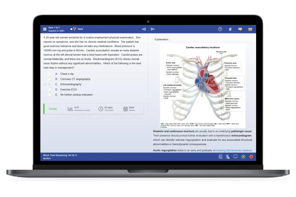 UWorld Clinical QBank practice question and explanation in a split-screen interface setting on multiple devices