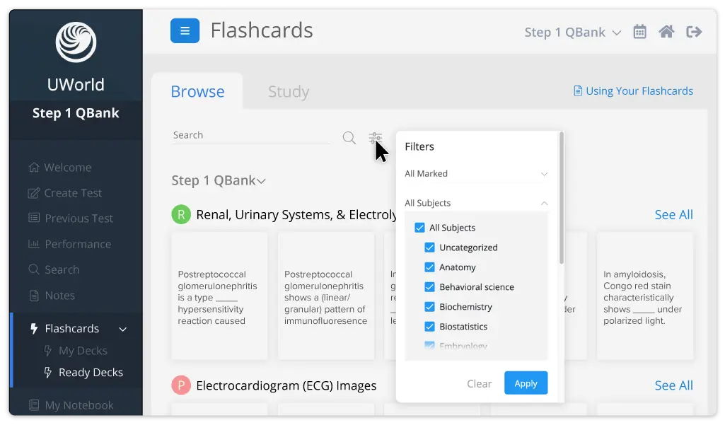 ReadyDecks “Browse” mode within the UWorld Medical flashcard interface for the USMLE