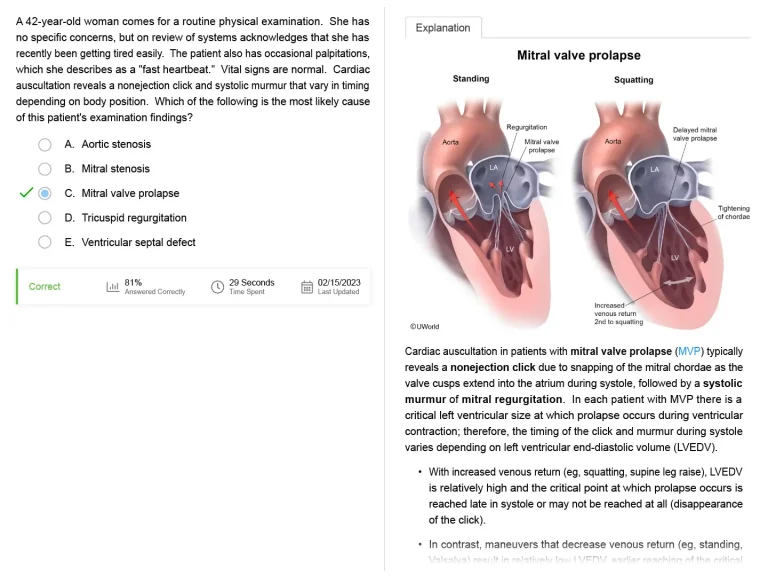 UWorld practice question & explanation example about Mitral valve prolapse.