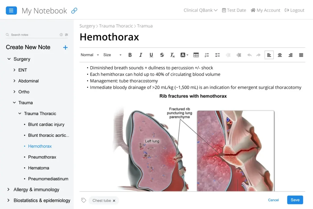 UWorld Clinical QBank notes copied into the digital My Notebook interface