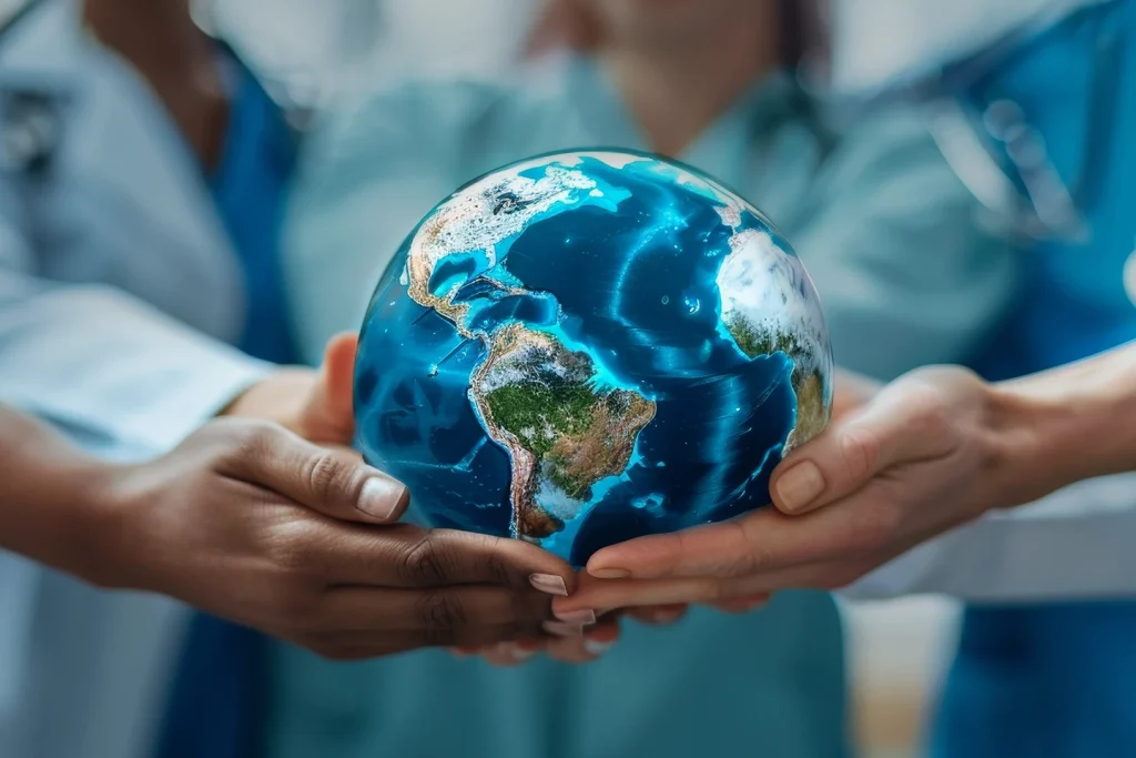 Team of doctors holding a globe to represent UWorld Medical’s global test prep services