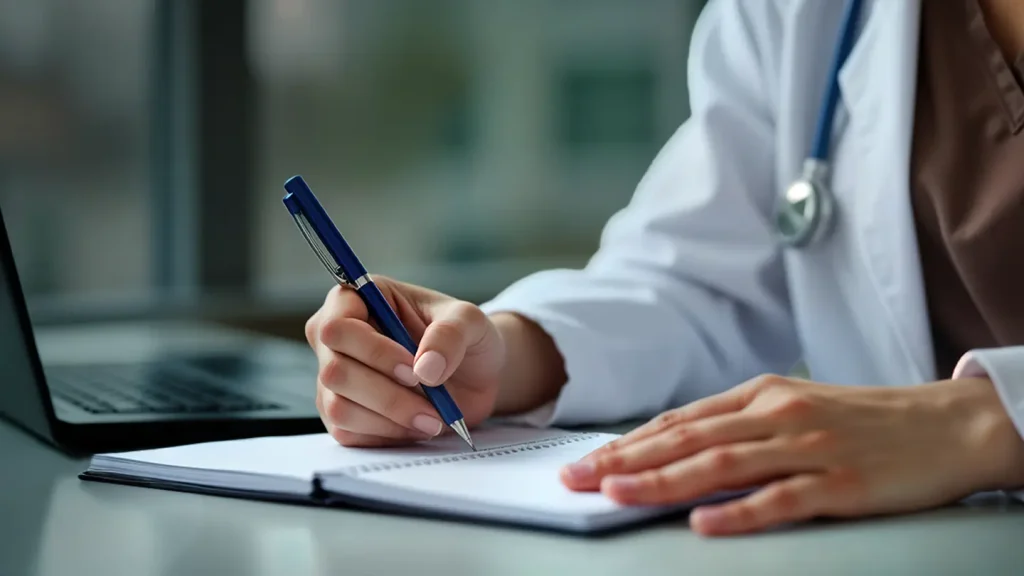 A medical student in a white coat writes in a notebook with a laptop and smartphone on the desk.
