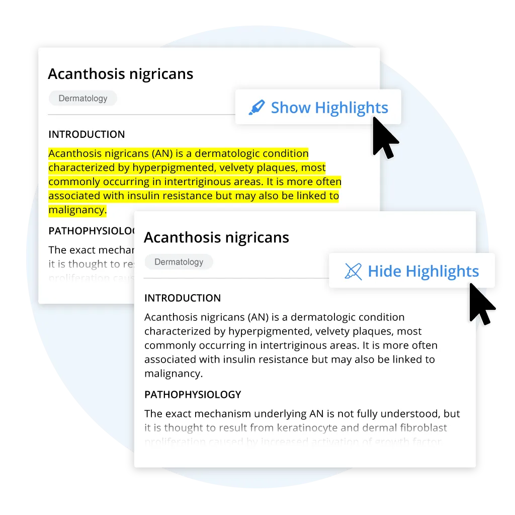 Medical Library show and hide highlights functionality